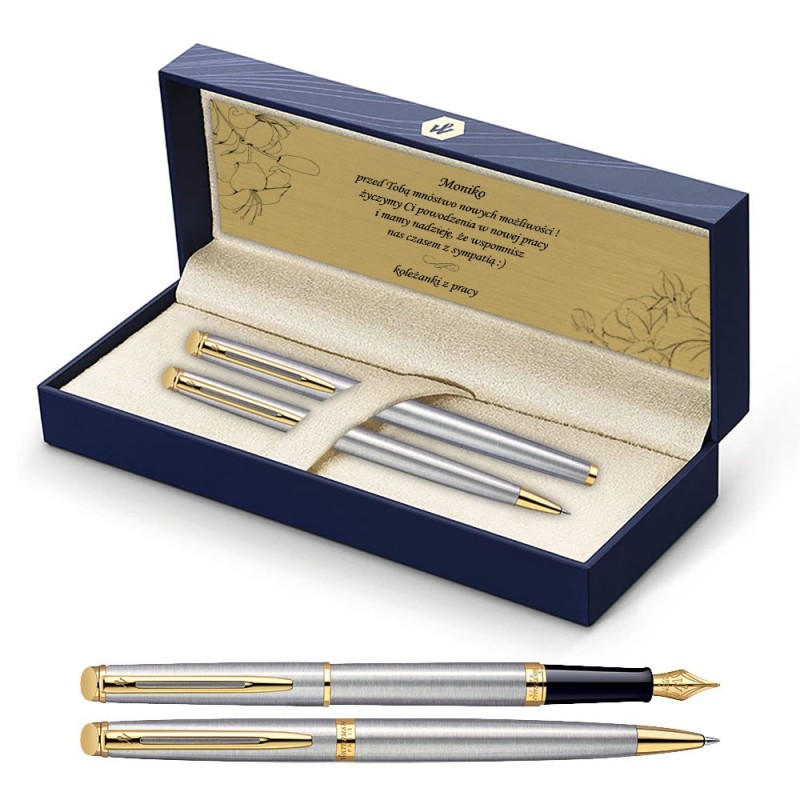 Długopis i Pióro Waterman Hemisphere stalowy GT w Pudełku z Grawerem [S0920370/5]