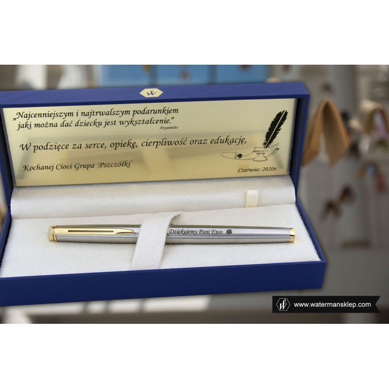 grawer_slider/ Pióro wieczne Waterman Hemisphere stalowe GT w pudełku z grawerem na tabliczce  i na piórze