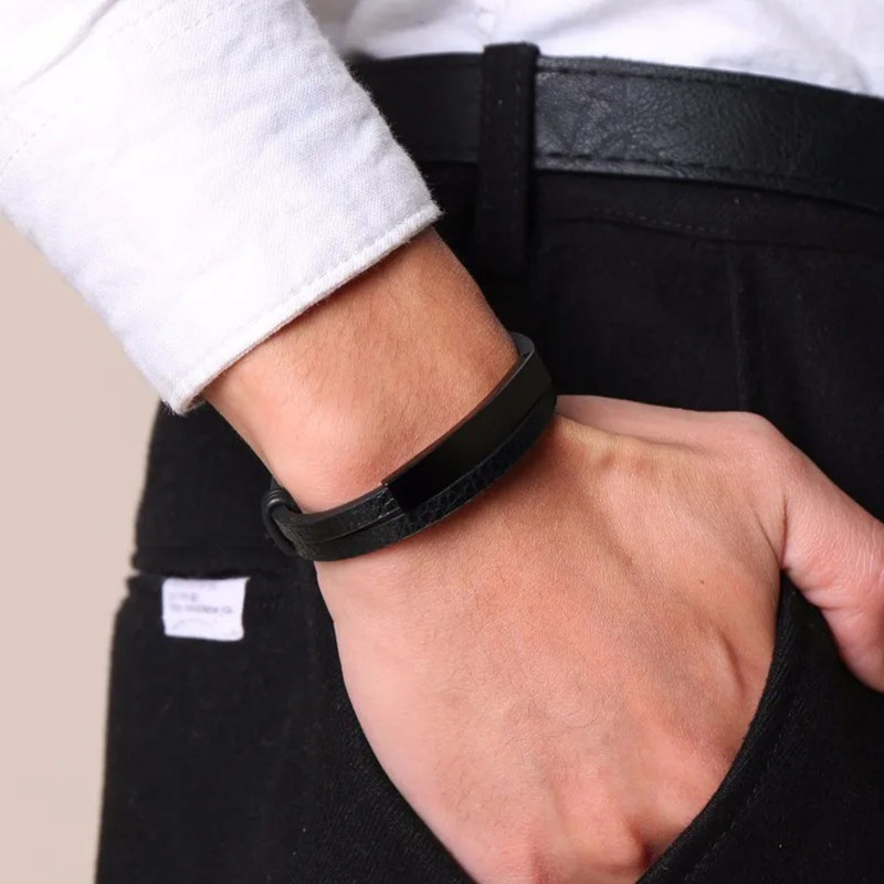 Bransoleta skórzana czarna, regulowana [BM003]