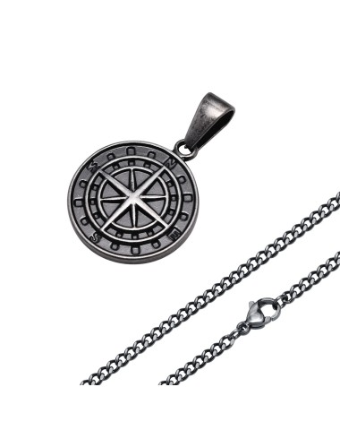 Naszyjnik stalowy czarny - kompas [BM013]