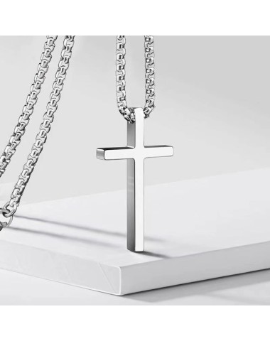 Naszyjnik stalowy srebrny - krzyż [BM029]