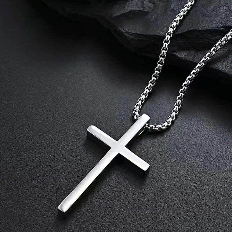 Naszyjnik stalowy srebrny - krzyż [BM029]
