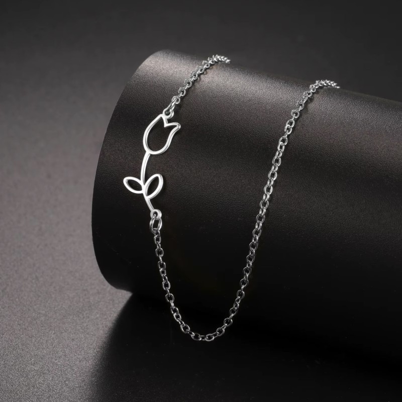 Naszyjnik stalowy srebrny - kwiatek [BM032]